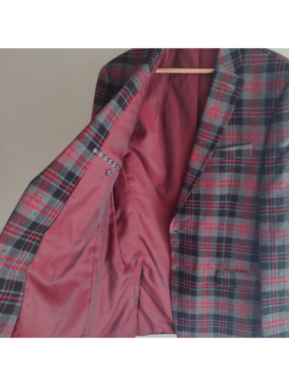 Izod Wool Blend Blazer 42L Gray Red Plaid Preppy Classic Fit Flannel Sportscoat - Picture 8 of 10